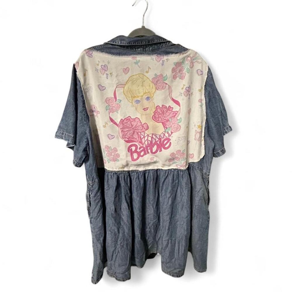 3x upcycled patched short Jean denim dress with vintage 1995 Barbie patch